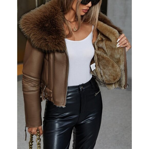 ⚡Women's Brown Faux Leather Jacket Moto Biker Lined Coat Removable Fur Collar - Picture 2 of 6